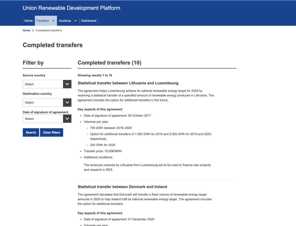 Completed transfers | Union Renewable Development Platform
